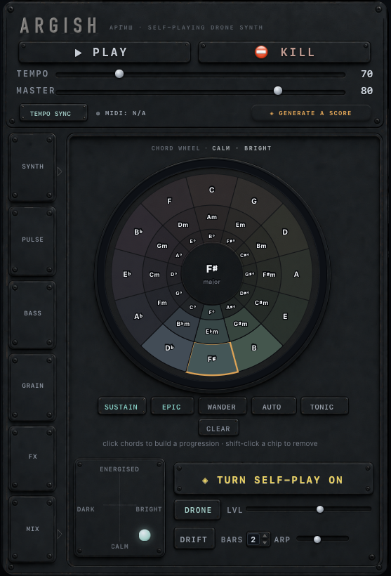 The ARGISH interface — chord wheel, drawers and mood pad