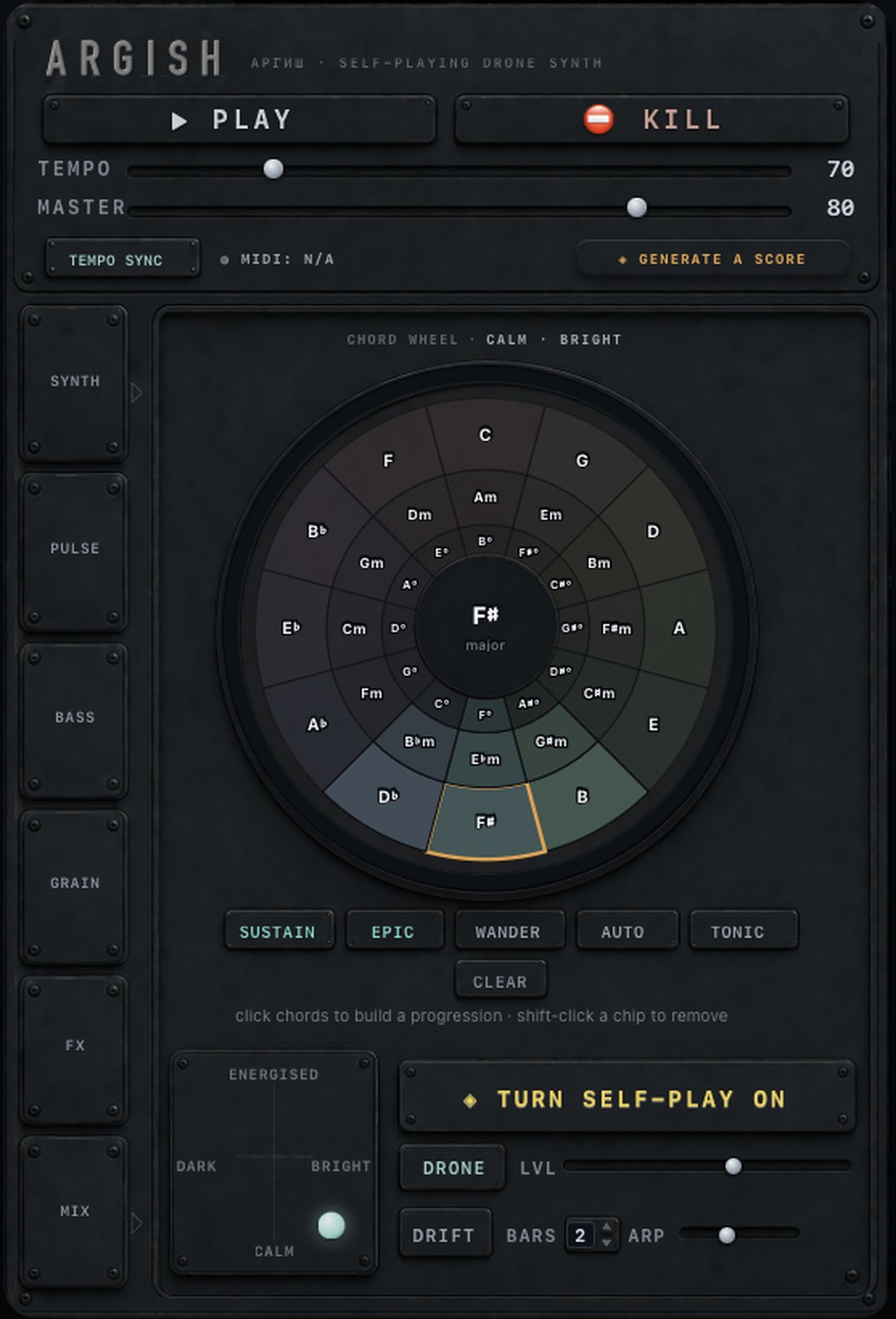 The ARGISH interface — chord wheel, mood pad and drawer panels.