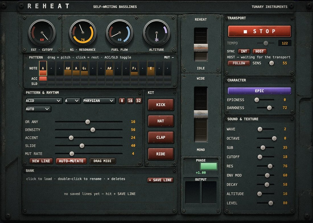 The REHEAT panel — gauges, step grid and throttle levers.